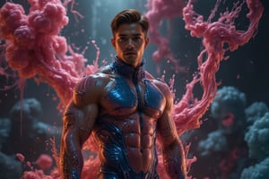 A full-body shot of a muscular man with a handsome face and tan skin, wearing a thick liquid suit made of surreal ink. The epic composition features ink diffusion and splashes, with coolant flowing around him. The lighting is dynamic, highlighting the fluid textures and motion. The man stands confidently, with the liquid suit clinging to his form, creating a striking contrast against the background.