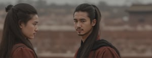 Photorealistic 8k RAW photo featuring a handsome man is dressing in the Three Kingdoms era. His long hair is pulled back in a ponytail. His lips slightly parted, conveying concentration, looking back at the viewer. The backdrop is a Chinese Imperial Palace. The Chinese Imperial Palace stretches endlessly. The image is ultra-detailed with high-resolution clarity, natural lighting, and a focused composition on his expressive face and attire.