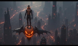 In this breathtaking masterpiece, a muscular handsome man dons a goregous orange and black vampire suit, effortlessly standing on his futuristic flying  jack-o-lantern through the urban skies, The background shifts between vibrant colors, the colorful glow of magic and ancient cities, blending together seamlessly. Ultra-detailed, masterpiece, best quality, sharp focus, 8k photorealistic, RAW photo. Dynamic lighting and sharp focus on the subject, with intricate details and depth of field, showcasing the futuristic atmosphere. 