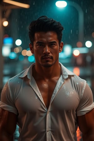 A photorealistic 8k RAW photo capturing a full-body, muscular man with a handsome face and tan skin, sporting short black hair. He wears a white shirt, standing under a streetlamp with rain pouring down, neon lights reflecting off his wet skin. His hair and face are drenched, with soaked clothes clinging to his body. The scene is a masterpiece, ultra-detailed, with sharp focus on his big pectorals and the intricate wet details. High contrast lighting highlights his tan skin and the dramatic setting.