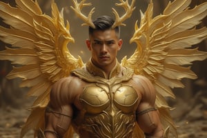 Full-body muscular man with a handsome face, tan skin, short black hair, clean-shaven face, and undercut hairstyle, wearing extremely detailed and gorgeous gold armor, sparkling, with a pair of big golden wings and two golden antlers on his head. Ultra-detailed, 8k photorealistic, RAW photo, seeds: 1667390288.