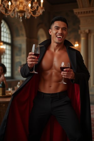 Full-body shot of a muscular man with a handsome face, tan skin, short black hair, clean-shaven face, and undercut hairstyle, as a vampire, with open mouth, shows his fangs, his cape dramatically billowing, holding a glass of deep red wine, living a luxurious life in an ancient yet opulent castle. Ultra-detailed, masterpiece, best quality, sharp focus, 8k photorealistic, RAW photo, seeds: 1667390288. Dynamic lighting and sharp focus on the subject, with intricate details and depth of field, showcasing the vampire's lavish surroundings and dramatic pose.