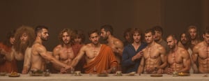 Depictions of the Last Supper in Christian art have been undertaken by artistic masters for centuries, Leonardo da Vinci's late-1490s mural painting in Milan, young handsome muscular man, best quality, masterpiece, realistic, cinematic composition, (detailed background), depth of field, intricate details, 8k, detailed skin texture, detailed face, realistic eyes, male focus, photo of a man.