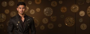 Full-body shot of a muscular man with a handsome face, tan skin, short black hair, clean-shaven face, and undercut hairstyle, wearing a unique suit adorned with pocket watches, standing in a vast space with walls covered in various unique clocks. Ultra-detailed, masterpiece, best quality, sharp focus, best quality, masterpiece, realistic, cinematic composition, (detailed background), depth of field, intricate details, 8k, detailed skin texture, detailed face, realistic eyes, male focus, photo of a man,