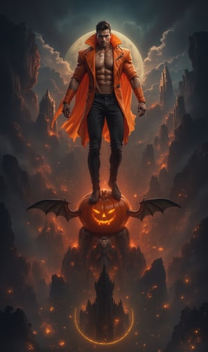 In this breathtaking masterpiece, a muscular handsome man dons a goregous orange vampire suit, effortlessly standing on his futuristic flying  jack-o-lantern through the urban skies, The background shifts between vibrant colors, the colorful glow of magic and ancient cities, blending together seamlessly. Ultra-detailed, masterpiece, best quality, sharp focus, 8k photorealistic, RAW photo. Dynamic lighting and sharp focus on the subject, with intricate details and depth of field, showcasing the futuristic atmosphere. 