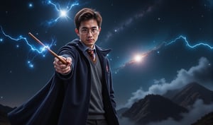 a handsome men, uniform of the Hogwarts School. glasses, holds his Magic Wand, surrounded by flashing blue electricity that crackles with energy, full body. Starry Sky,Beautiful stars,Galaxy,nebula,Big Star,magical sky. Ultra-detailed, masterpiece, 8k photorealistic, RAW photo