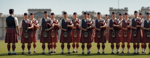 multiple views, handsome male bagpipers, wearing a full plaid in traditional Highland dress. The backdrop is the Buckingham Palace, sunny day, full body. Ultra-detailed, masterpiece, 8k photorealistic, big pectorals, RAW photo.