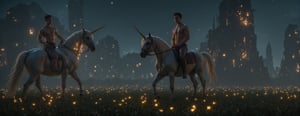 Full-body muscular man with a handsome face, tan skin, short black hair, clean-shaven face, undercut hairstyle, riding on a unicorn in a fairy magic night, the unicorn is leisurely strolling through a magical and peaceful forest with  flying starry fireflies. The forest Palace stretches endlessly. 
 Ultra-detailed, masterpiece, best quality, sharp focus 8k photorealistic, large pectorals, RAW photo.