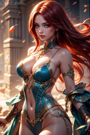 (intricate details),unity 8k wallpaper,ultra detailed,beautiful and aesthetic,detailed, scenery, beautiful sorceress with red hair, blue eyes, graceful figure, curves of the body, (20 years old)