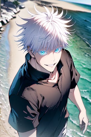 solo, looking at viewer, smile, short hair, bangs, blue eyes, shirt, 1boy, upper body, white hair, short sleeves, male focus, outdoors, parted lips, hand up, black shirt, colored eyelashes, in beach, gojou satoru, satorugojo, full_body