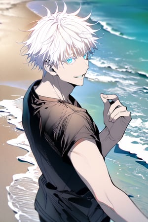 solo, looking at viewer, smile, short hair, bangs, blue eyes, shirt, 1boy, upper body, white hair, short sleeves, male focus, outdoors, parted lips, hand up, black shirt, colored eyelashes, in beach, gojou satoru, satorugojo, full_body