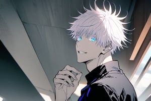 solo, looking at viewer, smile, short hair, bangs, blue eyes, shirt, 1boy, upper body, white hair, short sleeves, male focus, outdoors, parted lips, hand up, black shirt, colored eyelashes, in bedroom, gojou satoru, satorugojo.