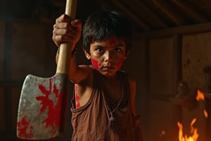 A low-angle wide shot,heroic shot of a 16-year-old Indian boy, dressed in muddy, torn clothes,red paint on his cloths, standing in the dim, flickering firelight inside a traditional Indian hut. His grip is tight on a weathered axe, with fresh red paint dripping from its tip, resembling blood. His expression is intense and anger, casting sharp shadows on his face. The rustic hut interior is lit by fire, with faint details of the walls and sparse objects, emphasizing the boy's presence in a raw, powerful scene.