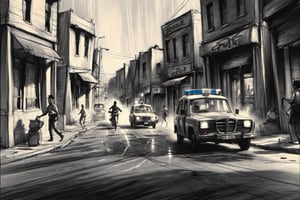 (full shot) An Indian police officer chasing atheif in busy Indian streets,modern,cinematic, --Film storyboard --ar 16:9, (rough charcoal  black and white sketch)

