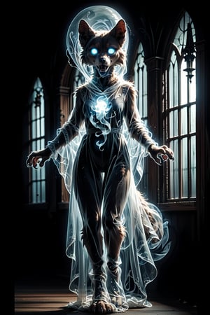  source_9, source_8_up,detailed fur,body fur,fluffy, anthro, furry, BREAK, a ghostly female Malamute dog, eyes are a solid glowing blue, transparent, completely see through body, draped in a translucent cowl, she is glowing with a dim blue light, BREAK, in an old delapidated fronteir home, dark and gloomy, dim lighting, haunted house aesthetic,photo of a transparent ghost,gothicstyle, full body view