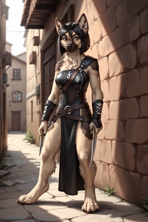 score_9,score_7_up,furry,anthro, female, (masterpiece), best quality, expressive eyes, perfect face furry, anthromorphic Husky/ German Shepherd crossbreed, black and tan fur, white fur on chest, short black hair in a bob cut, paws are white furred, brown eyes, fantasy rogue, holding a dagger in each hand, crouched in shadows, black full body leather armour, has a smirk on her face, slim build, in a back alley , knife, weapon,Unsheathing,detailed fur,body fur,tuft, nightime