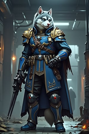 score_9,score_8_up, score_7_up, realistic, (furry: 1.4),anthro,detailed fur,body fur,fluffy, male, Siberian Husky, grey and white fur, light grey hair, blue-grey eyes, fluffy tail, a stern expression, full body, BREAK, dressed in the style of a Warhammer 40K Commissar, a high peaked officer's hat, holding a Warhammer 40K plasma pistol at her side, standing at attention looking sideways at the viewer, in an industrial looking room