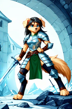  score_9,score_7_up, furry, female, Labrador Retriever, (long black hair in pony tail), ice blue eyes, ((floppy Labrador Retriever ears)), tail, fantasy paladin, a serious expression, BREAK,wearing plate and chainmail armor, wearing green tabard over her armor, (holding a two-handed Greatsword: 1.2), Greatsword, BREAK, (in a combat stance with her sword held in fron of her: 1.4), anthro,detailed fur,score_8_up, viewed from below, full body shot,detailed face eyes and fur,body fur