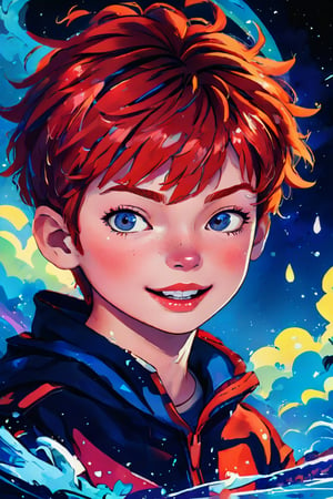 Anime style, retro style, highly detailed, masterpiece, fantasy art, solo, looking straight up, parted lips, blurry, eyelashes, excellent quality, light particles, water drop, stunning_image, Anime art style, vspop, rich color,kidz, Red hair, freckles, tall, lanky, blue eyes, casual, cheerful, scruffy, bowl cut, ((Ron Weasley)),