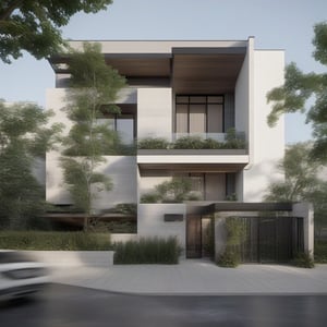 A modern house design features clean lines and a neutral color palette of white, grey, and black tones. Super realistic, render like corona render. residential spaces boast spacious balconies. Simple, modern lighting accents the sleek façade, where potted plants and small trees add subtle texture to the minimalist design., Residential Architecture