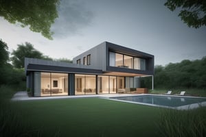 (exterior:1.4) A stunning digital illustration portraying a modern-style villa nestled alongside a serene river, designed by a renowned architect. Drawing inspiration from the works of Bjarke Ingels, the villa seamlessly blends with its surroundings. The illustration showcases the villa's unique architecture, with glass walls and gray stone walls and open spaces that invite nature indoors. The color temperature is balanced, enhancing the harmony between the villa and the landscape. The residents' expressions radiate tranquility as they enjoy the waterfront view. Soft, natural lighting bathes the scene in a peaceful ambiance vegetation realistic and tree