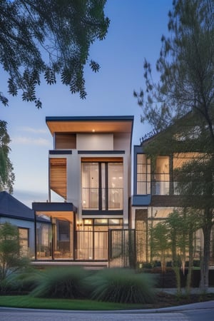 A modern two-story house with a sleek exterior. The framing of the shot features a wide-angle lens capturing the entire structure from a slight angle, emphasizing its clean lines and rectangular shape. Soft, natural lighting highlights the beige walls and dark gray roof, while large windows on both floors allow for an abundance of light to pour in. The composition is simple yet elegant, with the house's verticality creating a sense of balance and harmony. A small green patch near the front door adds a pop of color to the scene.