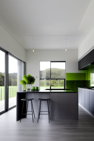 Create a minimalist modern kitchen with clean lines and sleek surfaces. The space features a monochrome color palette with accents of green from strategically placed indoor plants and vases. Natural light floods the room, highlighting the simple yet elegant composition. The kitchen island is the focal point, with a few modern stools and a single vase of fresh greens. Framed by large windows, the view showcases a serene outdoor landscape, enhancing the overall ambiance.