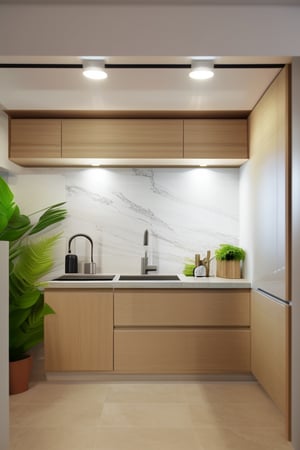 Create a hyper-realistic interior scene of a minimalist modern kitchen with a warm wood texture, rendered using Corona Render. The composition adheres to the rules of thirds, featuring a drop ceiling with warm white light strips and textured HPL cabinets. The kitchen set includes a sleek duco finish, a granite backsplash, and a modern sink with a built-in dishwasher. The flooring is high-quality vinyl, complemented by vibrant indoor plants. Natural light filters through elegant curtains, creating a soft, inviting ambiance. The scene is captured with a 35mm lens, emphasizing ultra-detail and a 9:14 aspect ratio for a cinematic feel. The lighting is meticulously crafted to highlight every detailed element, resulting in an HDR, UHD, 8k masterpiece. The design approach is inspired by gmj interior, known for its clean lines, high-quality materials, and sophisticated use of light, creating a visually stunning, photo-realistic image with a refined aesthetic.