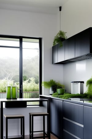 Create a minimalist modern kitchen with clean lines and sleek surfaces. The space features a monochrome color palette with accents of green from strategically placed indoor plants and vases. Natural light floods the room, highlighting the simple yet elegant composition. The kitchen island is the focal point, with a few modern stools and a single vase of fresh greens. Framed by large windows, the view showcases a serene outdoor landscape, enhancing the overall ambiance.