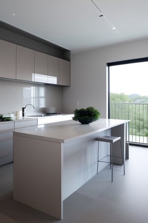 Visualize a minimalist modern kitchen with clean, geometric lines and a monochrome color scheme. The space is illuminated by natural light streaming through large windows, highlighting the sleek surfaces and simple composition. The kitchen island serves as the focal point, featuring a smooth, matte finish and minimalistic stools. Stainless steel appliances blend seamlessly with the overall design, and a single, understated vase with a touch of greenery adds a subtle accent. The lighting fixtures are sleek and unobtrusive, complementing the minimalist aesthetic.