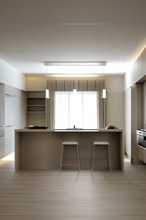 Capture a hyper-realistic interior scene of a minimalist modern kitchen using Corona Render. The composition adheres to the rules of thirds, with a focus on a sleek cabinet kitchen set, a mini bar, and a dining table. Natural light filters through elegant curtains, creating a soft, movie-like ambiance. The scene is shot with a 35mm lens, emphasizing ultra-detail and a 9:14 aspect ratio for a cinematic feel. The lighting is meticulously crafted to highlight every detailed element, resulting in an HDR, UHD, 8k masterpiece. The use of movie lighting techniques and special effects enhances the overall visual impact, making it a standout piece.