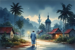 Splash watercolor and alcohol ink realistic painting of an elderly man in white robe and prayer cap, walking cane, approaching a beautiful mosque with dome and minaret. Serene. Soft early night, dark background, streetlight, blue hour with a dramatic sky. Rural street, Malay village, lush greenery, coconut trees, power poles and wires, small dome mosque with minaret and crescent moon