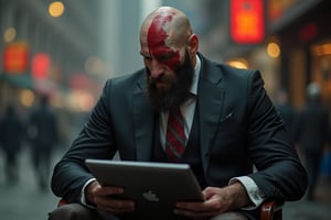 Kratos god of wallstreet,traders, black suit, working with his laptot at, with a two bags