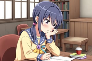 AyumiS,ayumi shinozaki,blue short hair, long doble pony tail,yellow marine uniform,studing at the library