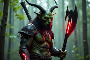 hillbilly orc, green skin,with a helmet horns,leather shoulders holding a futuristic  two handed axe with red neon lights in the blade ,dinamic light, in the forest,hyper realistic