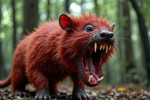 a stunning photo of a ugly fat meat red hairy rat monster,open mouth,great jaws with a monster teeth, overgrowth head in the forest,side view,hyper realistic