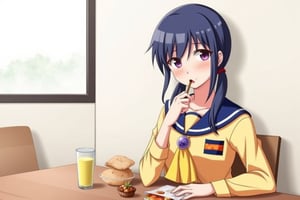 AyumiS,ayumi shinozaki,blue hair, doble pony tail,yellow marine uniform,eating lunch in the school