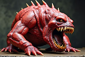 a stunning photo of a ugly strongly obese red scaly meat head monster,theropods legs,no arms and hands,no body,open mouth,unrealistic mouth size ,great jaws with a monster teeth, ,side viewpoint,hyper realistic