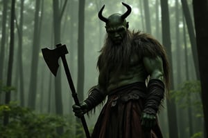 hillbilly orc, green skin,with a helmet horns,leather shoulders weilding a two handed axe ,dinamic light, in the forest,