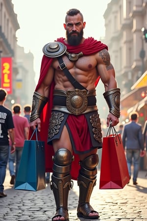 Kratos god of war, gay pride, goes shopping to the street, with a two bags