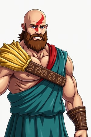 Kratos god of war, with golden fleece in his shoulders, family guy style