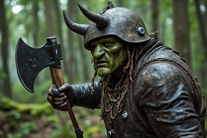 hillbilly orc, green skin,with a helmet horns,leather shoulders weilding a two handed axe ,dinamic light, in the forest,