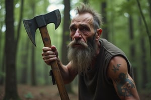 ugly man with an axe in the forest