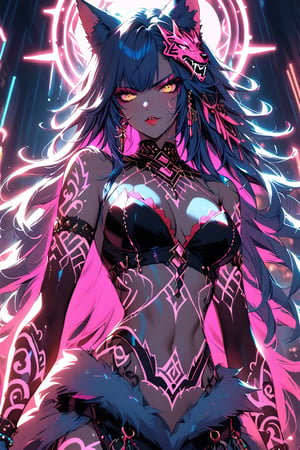 a medium shot of a seductres beast woman, with wolf ears and a ferocius gaze, with neon tattoes