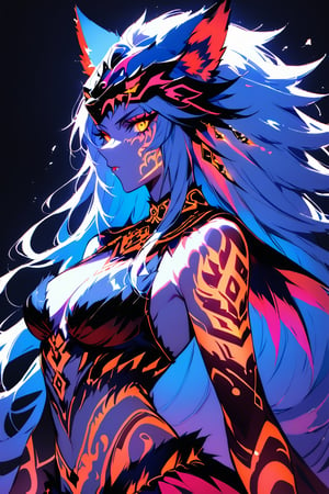 a medium shot of a seductres beast woman, with wolf ears and a ferocius gaze, with neon tattoes, black plain background