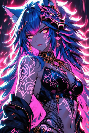 a medium shot of a seductres beast woman, with wolf ears and a ferocius gaze, with neon tattoes