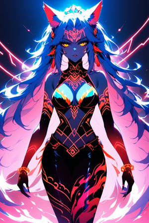 a medium shot of a seductres beast woman, with wolf ears and a ferocius gaze, with neon tattoes