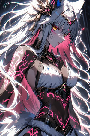 a medium shot of a seductres beast woman, with wolf ears and a ferocius gaze, with neon tattoes