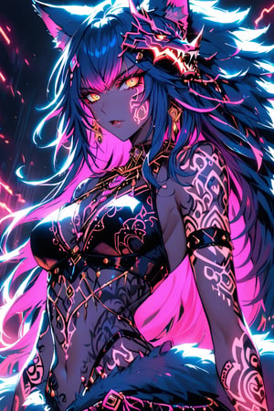 a medium shot of a seductres beast woman, with wolf ears and a ferocius gaze, with neon tattoes