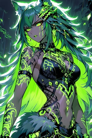 a medium shot of a seductres beast woman, with wolf ears and a ferocius gaze, with neon green tattoes